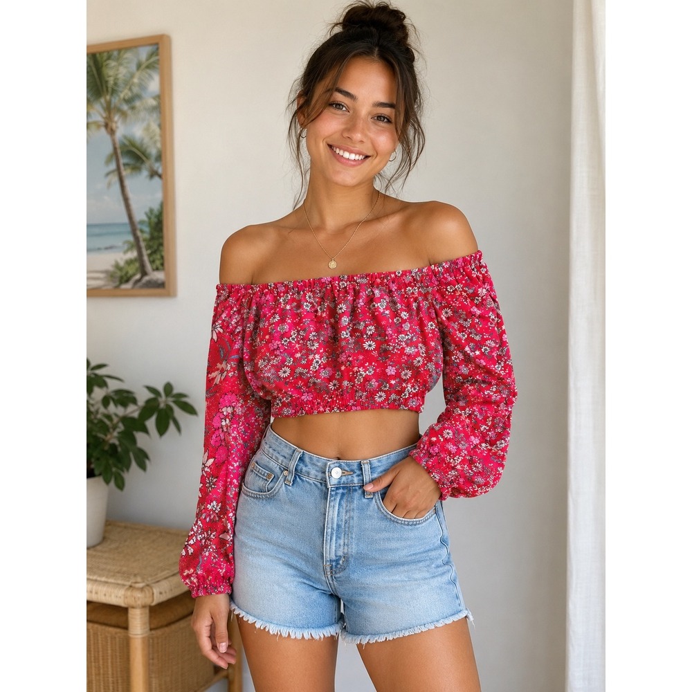 Liberty Love NWT Floral Off Shoulder Crop Top Open Tie Back Boho‎ Women's Medium